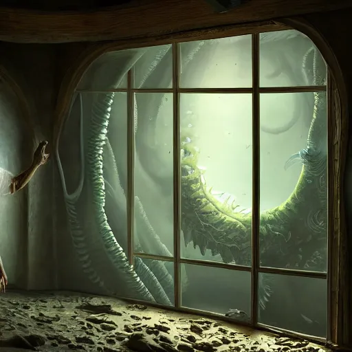 Prompt: a person in a cold large empty room standing in front of a window in a aquarium, inside the water is an eldritch monster. concept art by jason a. engle, trending on artstation, context art, lovecraftian, cosmic horror, concept art. highly detailed masterpiece. unreal engine. 8 k. uhd. render.