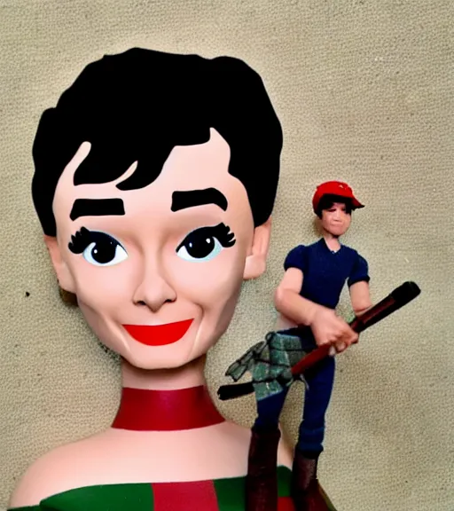 Prompt: audrey hepburn cos play lumberjack, stop motion vinyl action figure, plastic, toy, butcher billy style