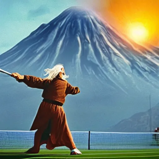 Prompt: Gandalf playing tennis with Sauron in front of Mount Doom.