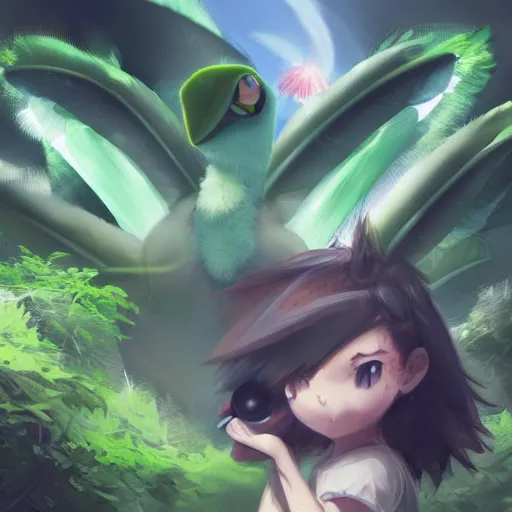 Prompt: a cute beautiful green plant type pokemon with beautiful happy smile, green feathers bursting out of his hair, full body portrait, highly detailed digital art, 3 d perspective, award - winning illustration, aesthetic, smooth, pokemon style, made by greg rutkowski, with an alien landscape in the background