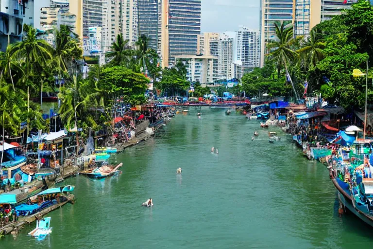 Image similar to photo of a very clean pasig river in the philippines with crystal clear blue water, high definition, tourism media