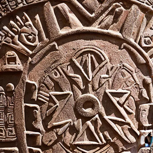 Prompt: detail section of a decorative Aztec stone panel depicting a time travel machine. Aztec artifact by Pacal Votan. 4K high quality museum collection photograph