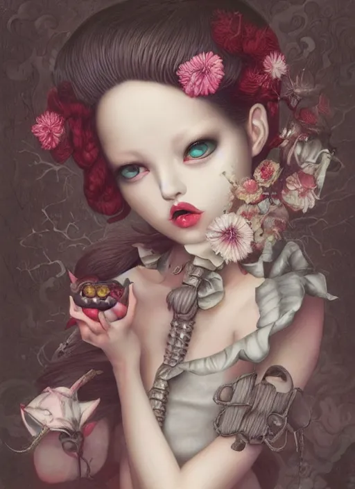 Image similar to pop surrealism, lowbrow art, realistic cute seductive female painting, japanese style, hyper realism, muted colours, rococo, kaname ozuma, natalie shau tom bagshaw, mark ryden, trevor brown style,