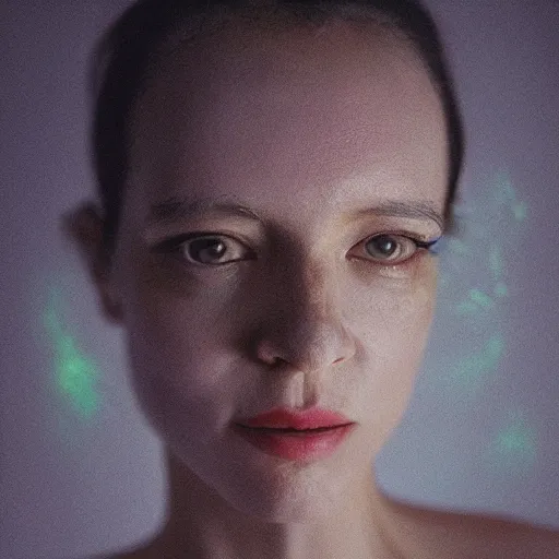 Image similar to kodak portra 4 0 0, 8 k, soft light, volumetric lighting, highly detailed, britt marling style fine art portrait photography, portrait of woman fashion photography skin covered in bioluminescent oyster mushrooms, studio lighting, bright, painterly, junji ito, body horror, cronenberg