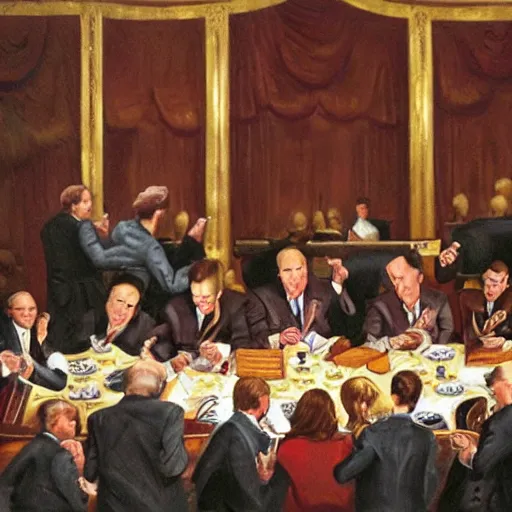 Prompt: oil painting of us senators devouring bones in the Senate chamber h- 512 w- 512