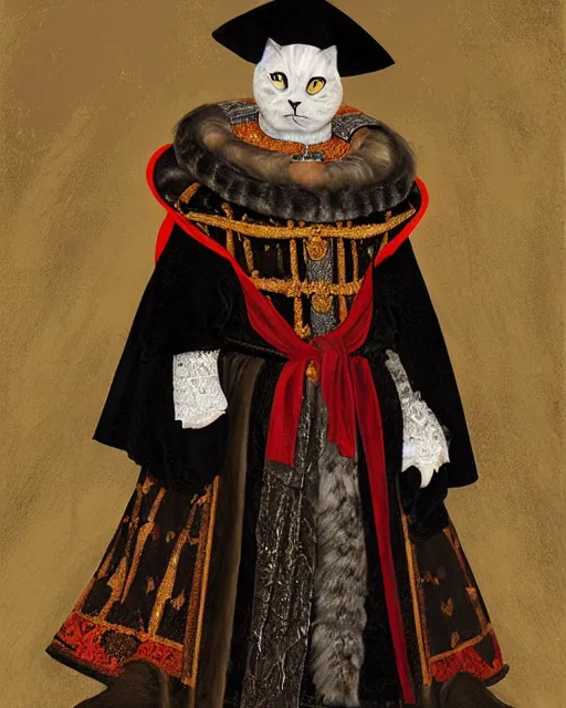 Image similar to fat gray cat with yellow eyes dressed like henry viii, tudor period clothing in scarlet gold and black, royal robes, greg rutkowski, royal portrait, painting