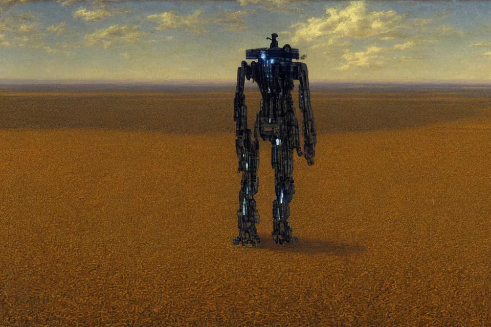 Prompt: sci-fi painting of a large alien city on the vast wheat fields, the closed back view of one humanoid robot on the ground, by Albert Bierstadt, godrays, detailed