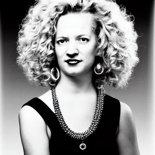 Prompt: symmetrical human portrait of lisa simpson with pearl necklace and with blonde curly hair, grainy high contrast black and white photography photo print ilford warm tone