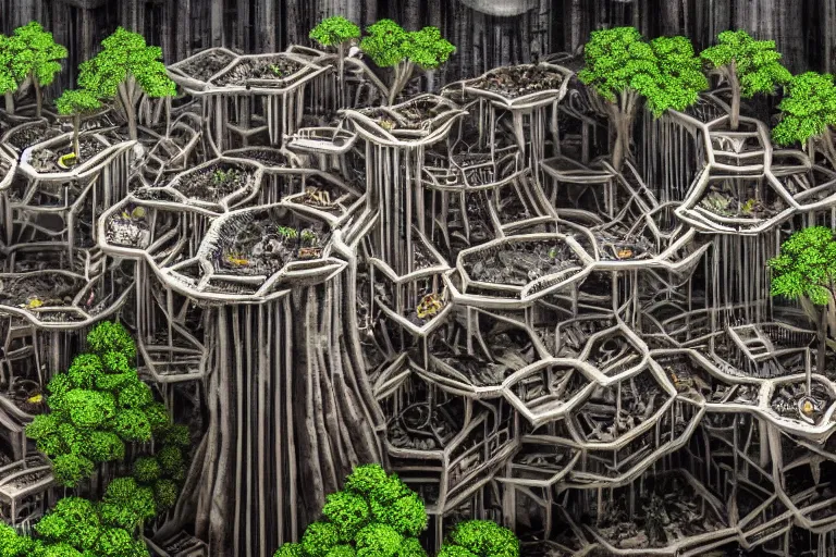 Image similar to favela fungus cathedral coaster hive, brutalist waterfall environment, industrial factory, terrifying, award winning art, epic dreamlike fantasy landscape, ultra realistic,