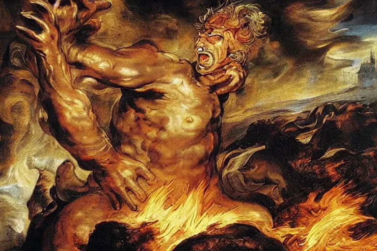 Prompt: majestic painting of a giant kebab monster terrorising a city in flames by Rubens, by Michelangelo, horror movie poster grain, ultra realistic, most definition, much appreciated