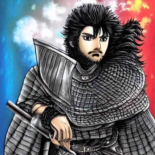 Image similar to rocking star yash as a knight in the style of berserk, by kentaro miura