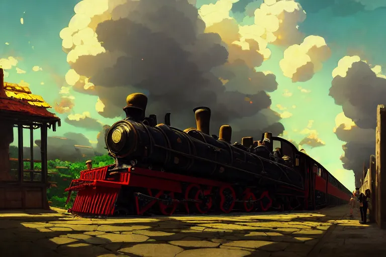 Image similar to baroque oil painting of anime key visual environment concept art of industrial revolution steam train, brutalist, dark fantasy, rule of thirds, fake hidden detail, trending on pixiv fanbox, acrylic palette knife and brush, style of makoto shinkai studio ghibli genshin impact jamie wyeth james gilleard greg rutkowski