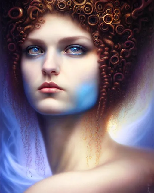 Prompt: a detailed portrait of dreampunk female model ( curls ) fractal ( glass ) ( lightning ) beautiful! ( ( blue eyes ) ) by tomasz alen kopera and peter mohrbacher and johanna martine! and margaret keane! elegant alluring seductive luminescent