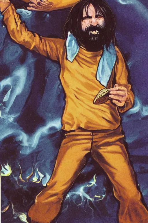 Prompt: magic the gathering card depicting charles manson slipping on a banana peel