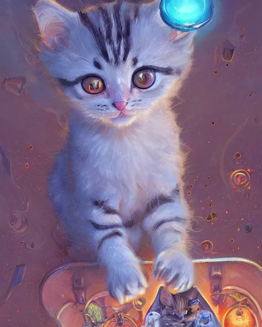 Image similar to an adorable kitten learning magic | highly detailed | very intricate | symmetrical | fantasy and whimsical and magical | soft cinematic lighting | disney pixar | award - winning | painted by donato giancola and paul lehr and ross tran | pastel color palette | featured on artstation