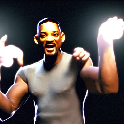 Prompt: will smith with 4 arms holding up his giant hand.. training montage, movie still, cinematic lighting, 3 5 mm film.