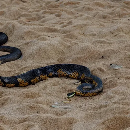 Prompt: deep pit of venomous snakes on a beach