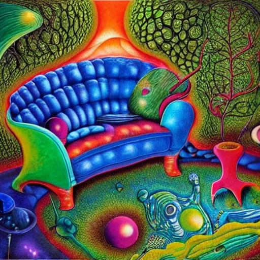 Image similar to psychedelic couch sofa in the lush forest, guitar, milky way, designed by moebius, rob gonsalves, gustav dore, giuseppe arcimboldo and carl barks, louis wain, trending on artstation, canada, star, sharp focus, colorful refracted sparkles and lines, soft light, 8 k 4 k