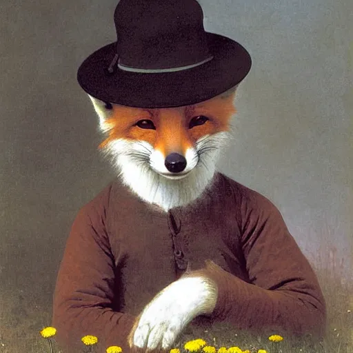 Image similar to A portrait of a fox wearing a hat which is covered in dandelions. The fox is cute and smiling. Painting by Robert Cleminson and William-Adolphe Bouguereau