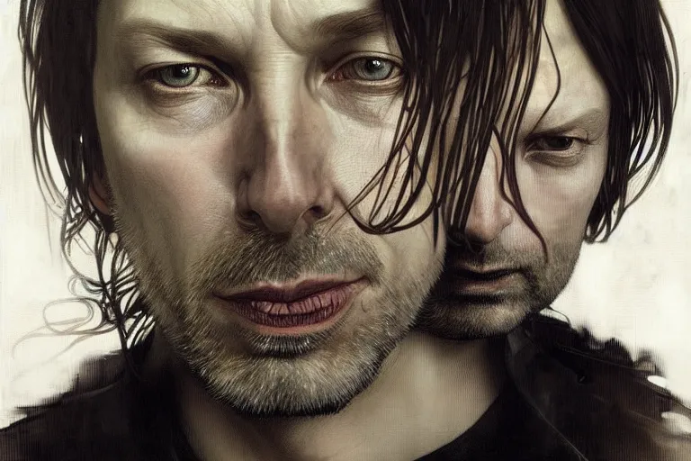 Image similar to hyper realistic portrait of radiohead singer songwriter, by lee bermejo, alphonse mucha and greg rutkowski