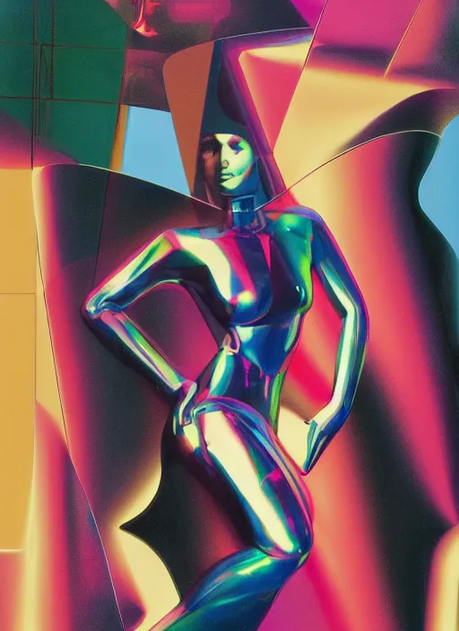 Prompt: futuristic lasers tracing, colorsmoke, fullbodysuit, pyramid hoodvisor, raindrops, wet, oiled, beautiful cyborg girl aphrodite pinup, by steven meisel, kaws, rolf armstrong, cubist perfect geometry abstract acrylic, octane hyperrealism photorealistic airbrush collage painting, monochrome, neon fluorescent colors, minimalist rule of thirds, eighties eros