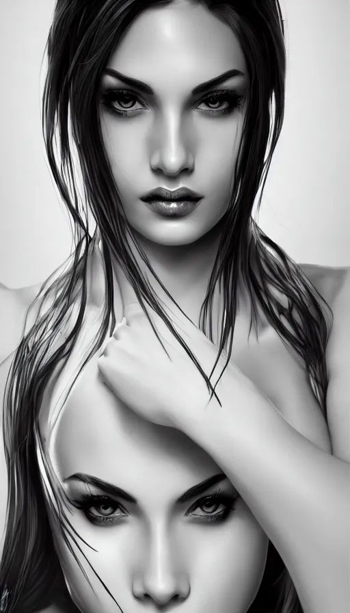 Image similar to up close portrait of a beautiful woman in black and white, photorealistic, upper body, art by diego fazio and diegoKoi and artgerm, concept art, hyper sharp focus, 8k highly detailed