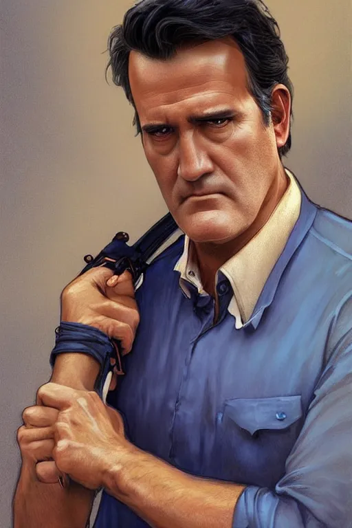 Image similar to Bruce Campbell in a blue bloody shirt with a shoulder strap, innocent, intricate, elegant, highly detailed, digital painting, artstation, concept art, smooth, sharp focus, illustration, art by artgerm and greg rutkowski and alphonse mucha