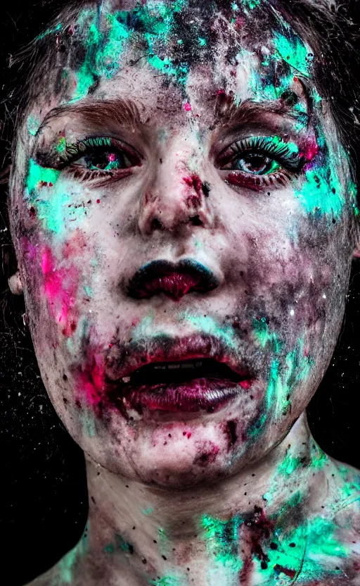 Prompt: grungy woman with luminescent paint flowing out of her mouth, dark, horror, cinematic, Sony a7R IV, symmetric balance, polarizing filter, Photolab, Lightroom, 4K, Dolby Vision, Photography Award