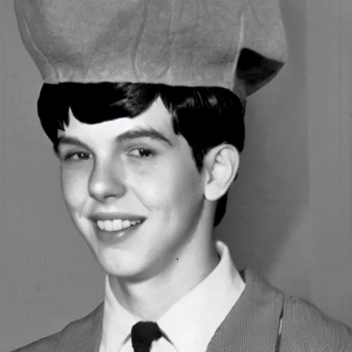 Image similar to a yearbook photo from 1966 of Jughead Jones, wearing a felt crown