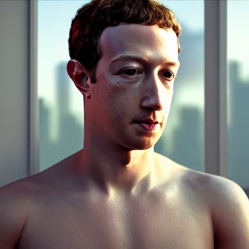 Image similar to professional photograph of very hot and muscular mark zuckerberg, gleaming skin, glowing, sparkling, hyper realistic, digital painting, rendered in unreal 5, octane render, artstation, ambient lighting