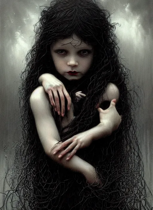 Image similar to highly detailed oil painting | very intricate | cinematic lighting | black, white and blood color scheme, dark background | portrait of a exquisite beautiful vampire little boy with long elegant tangles of black hair, eyes, gothic fog ambience, hyper realistic head, fantasy victorian art, in the style of greg rutkowski, zdizslaw beksinski, intricate, alphonse mucha