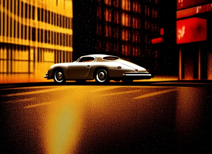 Image similar to beautiful extreme closeup photo in style of frontiers rendered in octane 3d , narcotic beautiful A mysterious figure sitting in a silver Porsche 550 with the headlights on, smoking a cigarette, parked on the side of the road in the city of New York while it is raining, by George Tooker, dark and dim, moody, sinister, lighting, 8k render, hyperrealistic , , Edward Hopper and James Gilleard, Zdzislaw Beksinski, Steven Outram, highly detailedrich deep colors. rich deep colors. Beksinski painting, art by Takato Yamamoto , Wayne Barlowe. masterpiece. rendered in blender, ultra realistic, smooth shading, ultra detailed, high resolution, cinematic, unreal 6