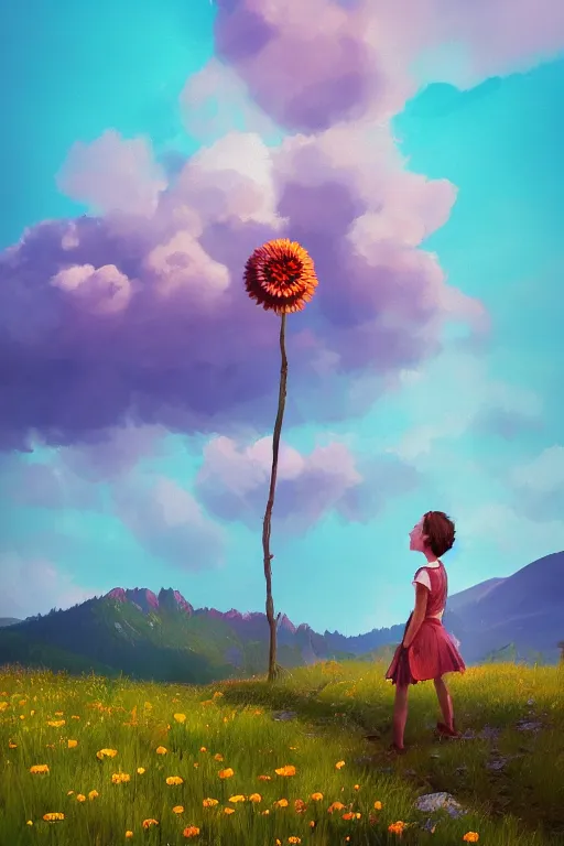 Image similar to giant daisy flower head, girl hiking in the mountains, surreal photography, sunrise, dramatic light, impressionist painting, colorful clouds, digital painting, artstation, simon stalenhag