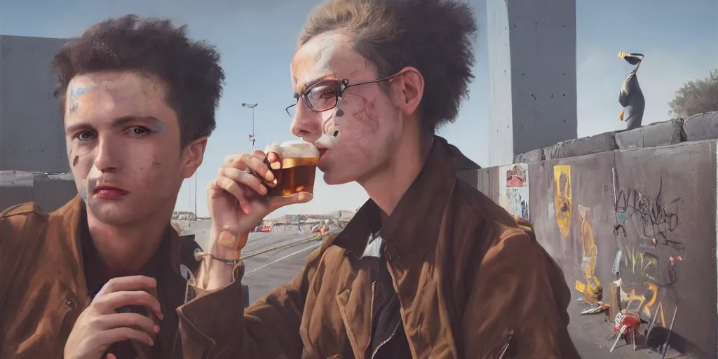 Prompt: beautiful oil matte portrait painting, 8 0 s punk sitting on top of the berlin wall drinking beer, wonderful masterpiece highly detailed, beautiful cinematic light deep focus, elegant, digital painting, smooth, sharp focus, golden ratio, dramatic illumination, ultra realistic, 8 k, art by jimmy law