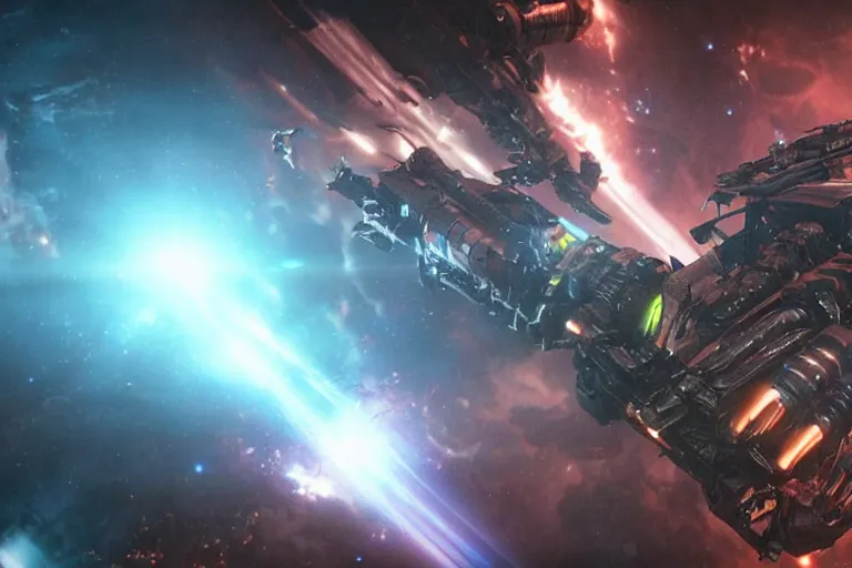 Prompt: VFX movie of a futuristic inhuman alien spacemarines in future spaceship, firing gun at space pirates detailed creature skin neon lighting combat by Michael Bay