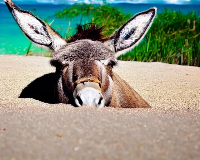 Image similar to realistic photo of a donkey sunbathing at the beach, 8k resolution