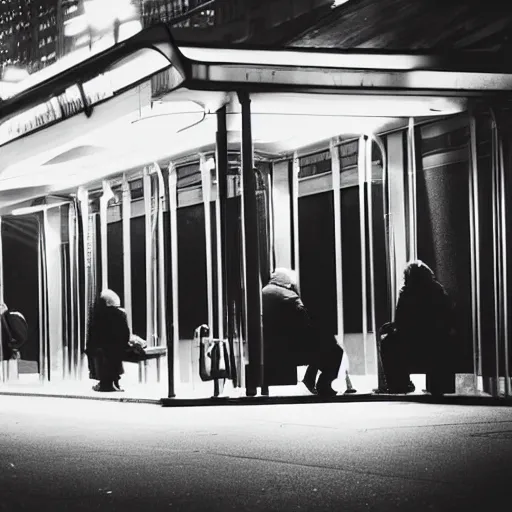 Prompt: a some people waiting in a lone bus stop in quiet dark city night at nowhere planet, high quality, high resolution,detailed