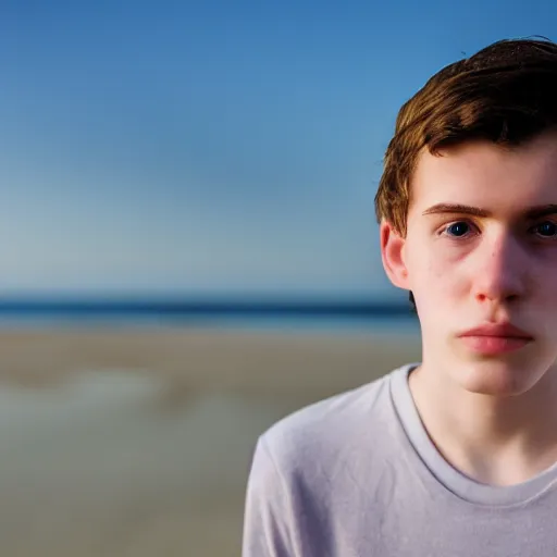 Prompt: Portrait of a sad looking teenage boy, around 20 yo, natural brown hair and smooth pale skin. Beach background. Award winning photograph.