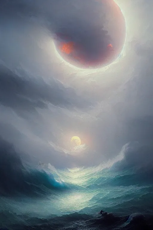 Image similar to A stunning detailed deity emerging from a stormy ocean by Ivan Aivazovsky, Peter Mohrbacher , Greg Rutkowski, digital painting, beautiful lighting, full moon, detailed swirling water tornado, artstation