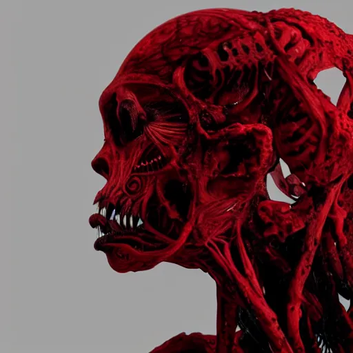 Image similar to octane render of a body horror humanoid, sharp dark shadows, black and red color palette by trevor henderson and junji ito