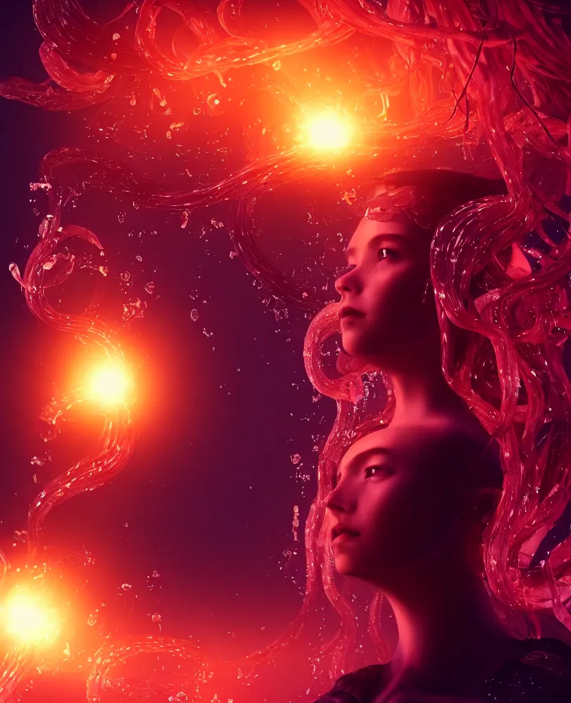 Image similar to close-up portrait of a face of beautiful princess floating in ethereum surrounded by floating jellyfish, energy flows of fire and water, flashes of plasma, 3d with depth of field, blurred background, a highly detailed epic cinematic concept art CG render. made in Maya, Blender and Photoshop, octane render, excellent composition, cinematic dystopian brutalist atmosphere, dynamic dramatic cinematic lighting, aesthetic, very inspirational, arthouse. y Greg Rutkowski, Ilya Kuvshinov, WLOP, Stanley Artgerm Lau, Ruan Jia and Fenghua Zhong