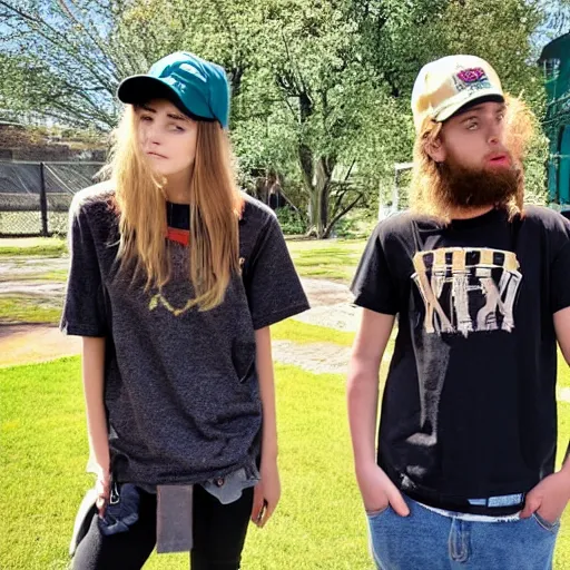Prompt: 19-year-old girl with shaggy hair standing next to 19-year-old boy with baseball cap, stoner rock and nü metal coexisting, 2022 photograph