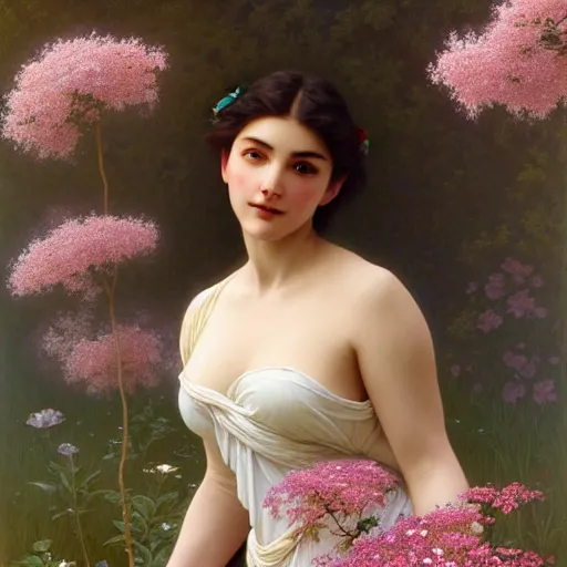 Image similar to a photograph of the most beautiful woman that has ever existed, surrounded by unique natural landscape of delicate flowers., highly detailed, digital painting, artstation, concept art, smooth, sharp focus, illustration, art by artgerm and greg rutkowski and alphonse mucha and william - adolphe bouguereau