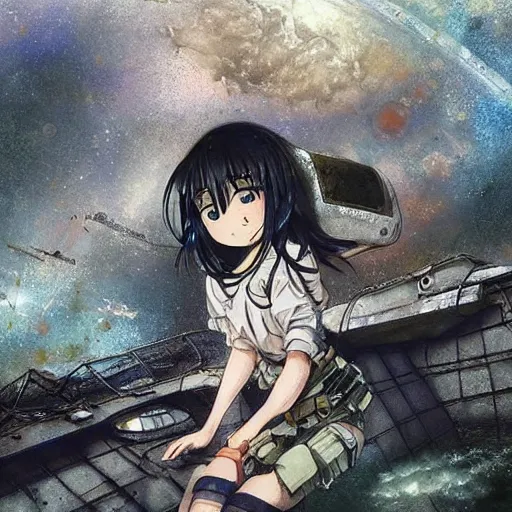 Prompt: Abandoned and derelict spaceship in the style of Shōjo Shūmatsu Ryokō (girl's last tour) Tsukumizu, pixiv, pinterest anime, art by Steve Hanks, art by Alyssa Monks, endless summer art, realistic, wide focus, 8k ultra, insanely detailed, intricate, elegant, art by Laurie Lipton, digital art