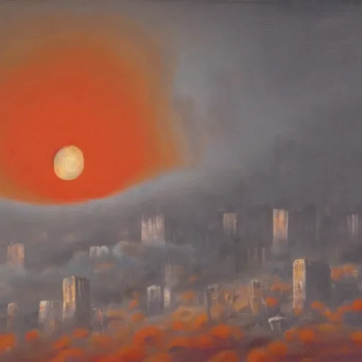 Prompt: man waking up to realize that the world is over and all that is left is ashes all around him. the reddish orange sun creates a gray haze that illuminates all the fallen buildings oil painting 1 5 0 mpx