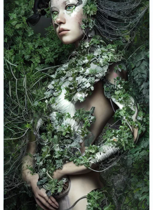 Prompt: studio portrait of a futuristic geisha cyborg overgrown with plants and ivy, modern fine art, fractal, intricate, elegant, highly detailed, digital photography, subsurface scattering, by jheronimus bosch and greg rutkowski,