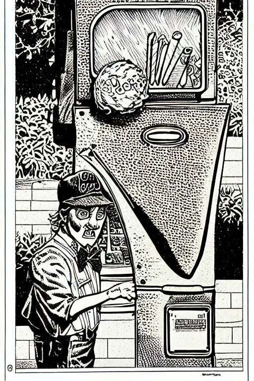 Image similar to ice cream man, pen - and - ink illustration, etching, by russ nicholson, david a trampier, larry elmore, 1 9 8 1, hq scan, intricate details, stylized border