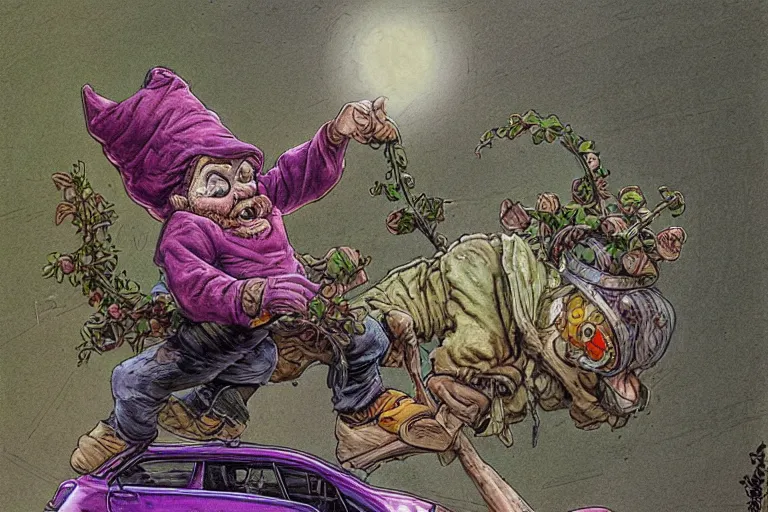 Prompt: a highly detailed garden gnome hanging off the back of a car in full speed, trying to hold on, desperate, wide angle, an ultrafine detailed painting by p. craig russell and barry windsor - smith, trending on deviantart, octane, masterpiece