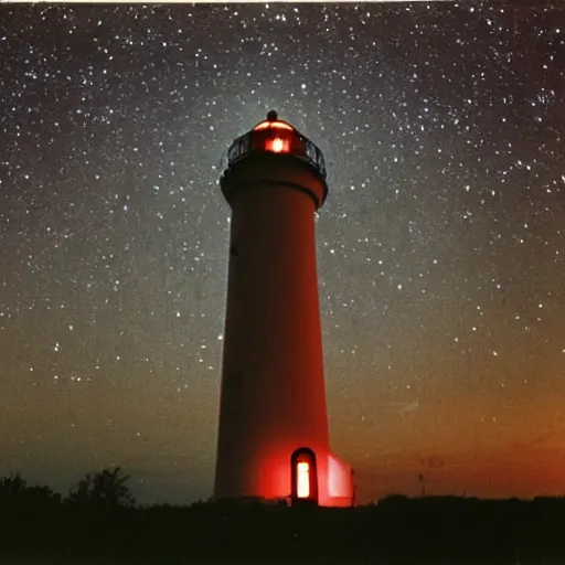 Prompt: 1985 photo of an alien lighthouse at night, surrounded by mosquitoes and evil