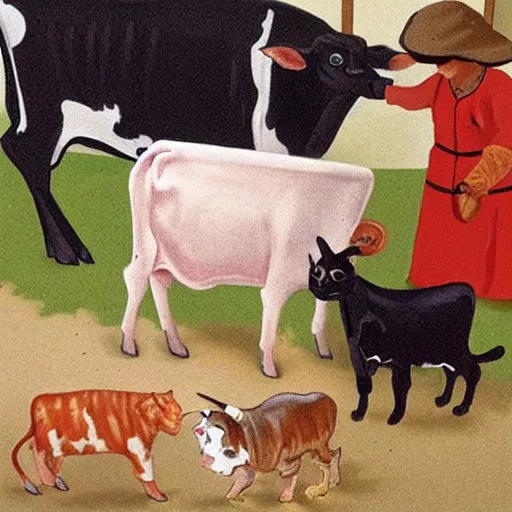 Image similar to butcher giving milk to a cat, while being watched by a cow